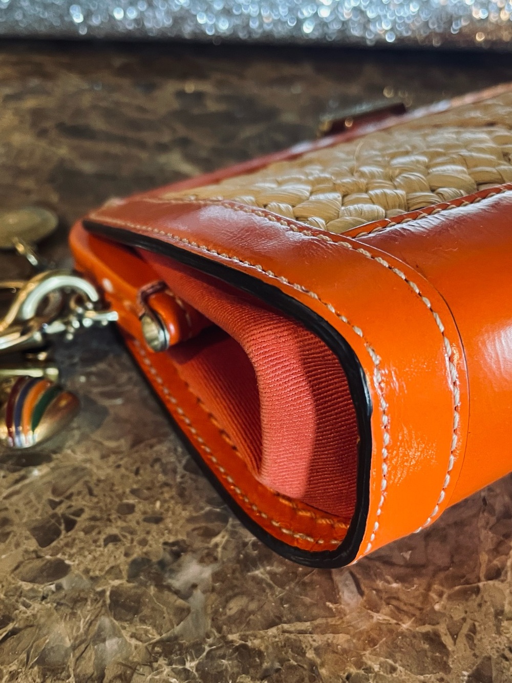 COACH Vintage Orange Straw Leather Minaudière Clutch WITH Motif Chain Bag Charm - Picture 9 of 17